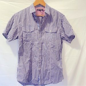 🌻HP🌻Banana Republic Mens Purple Short Sleeve Plaid Button Up w Pocket - Small